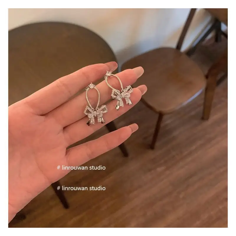 Bow Rhinestone Alloy Dangle Earring Wd175 - Silver Stud /