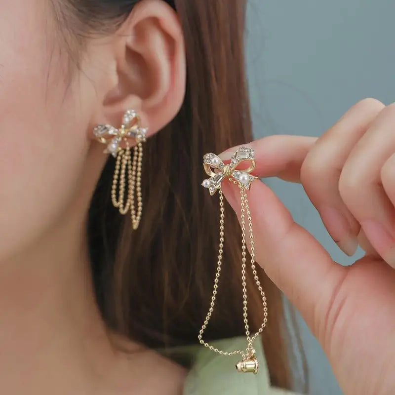 Bow Rhinestone Alloy Fringed Earring TY69 - Gold / One Size