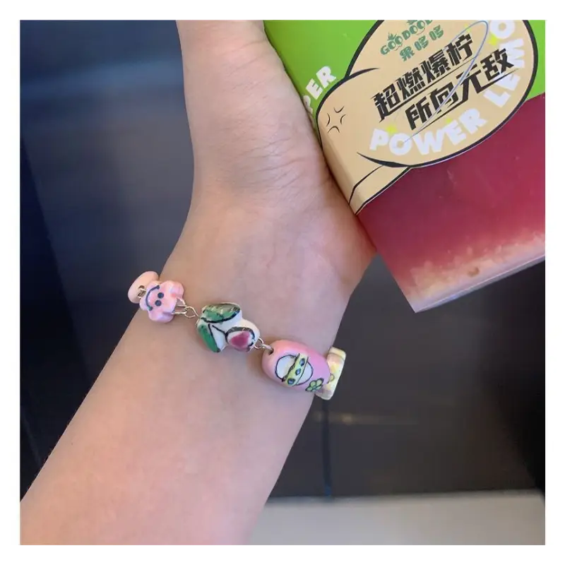 Cartoon Ceramic Bead Alloy Bracelet E820 - Pink / One Size -