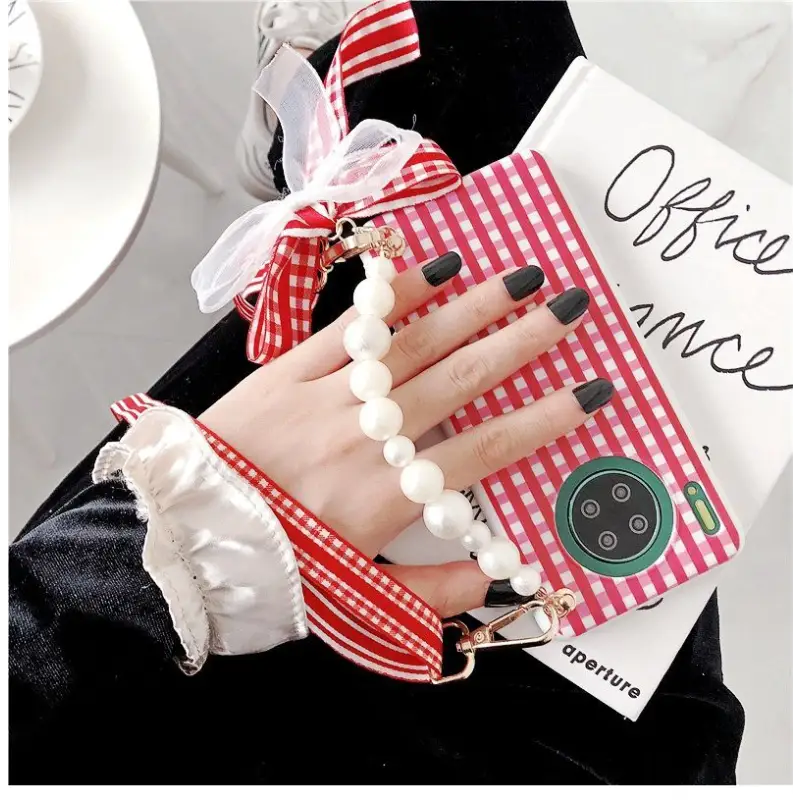 Faux Pearl Hand Strap Plaid Phone Case - Samsung-13