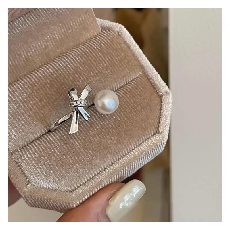 Faux Pearl Knot Open Ring E847 - Silver / Size No. 15 - Hand