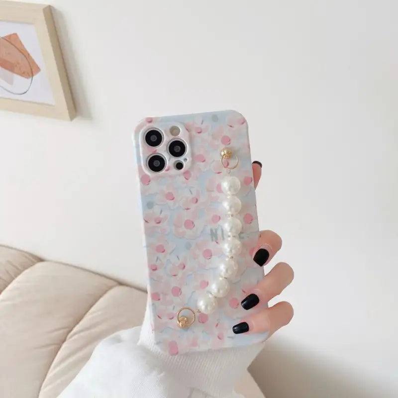 Floral Print Faux Pearl Chain Phone Case - iPhone 12 Pro Max / 12 Pro / 12 / 12 mini / 11 Pro Max / 11 Pro / 11 / SE / XS Max / XS / XR / X / SE 2 / 8 / 8 Plus / 7 / 7 Plus-12
