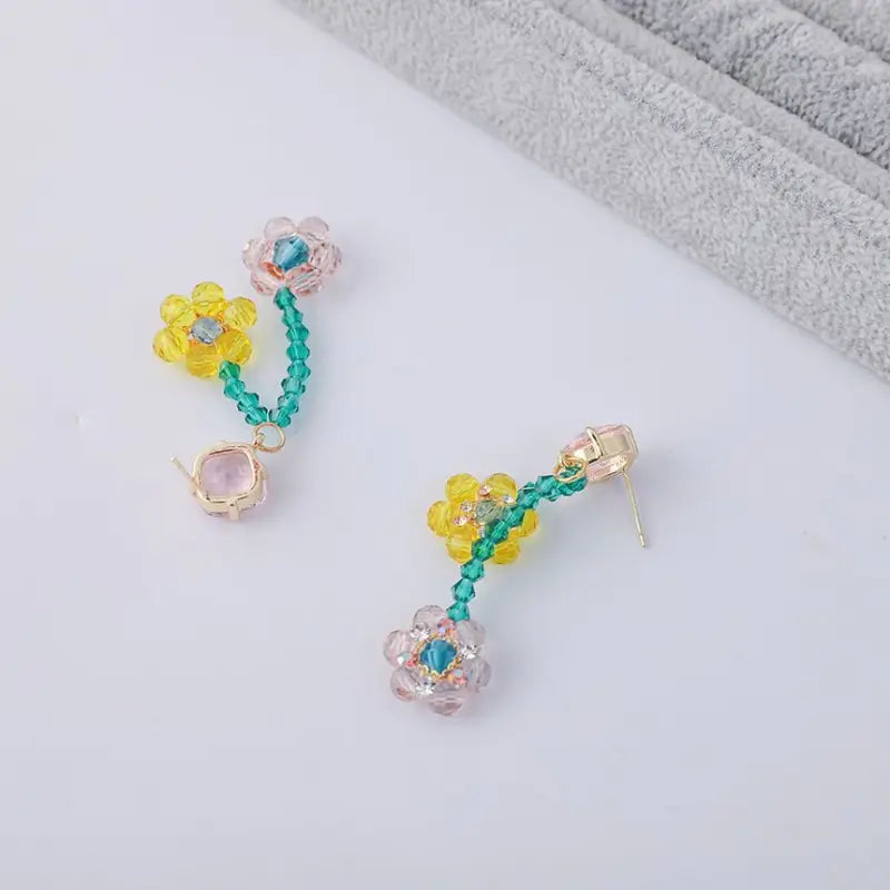 Flower Faux Crystal Fringed Earring TY70 - Yellow & Pink /