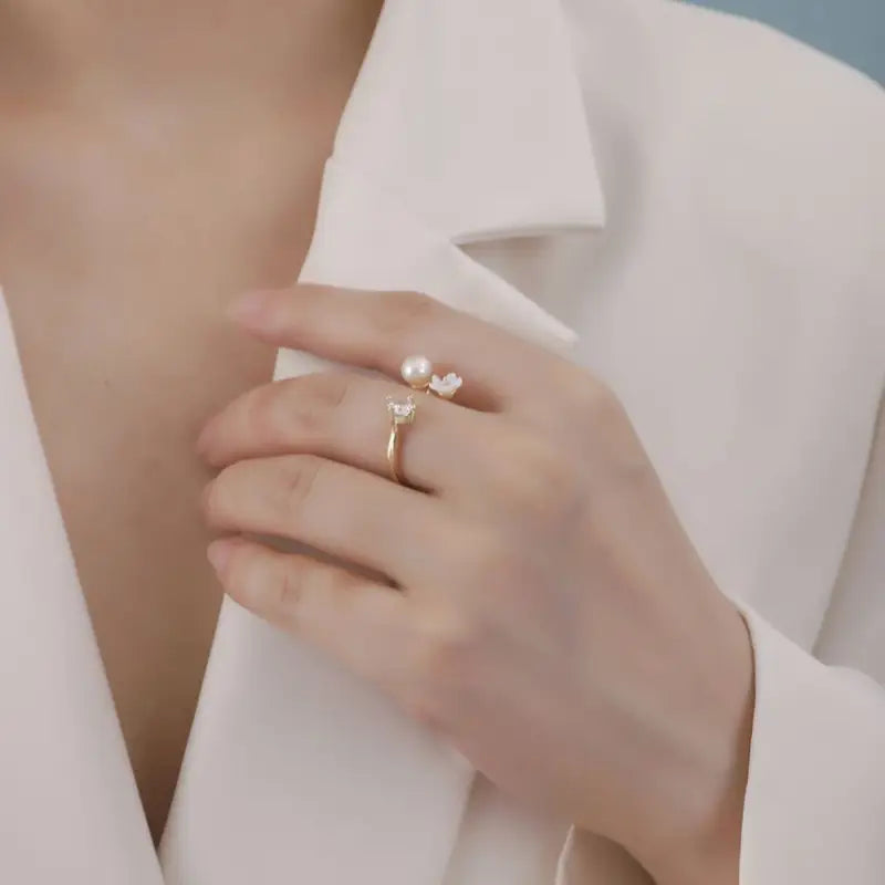 Flower Faux Pearl Rhinestone Alloy Open Ring TY67 - White &