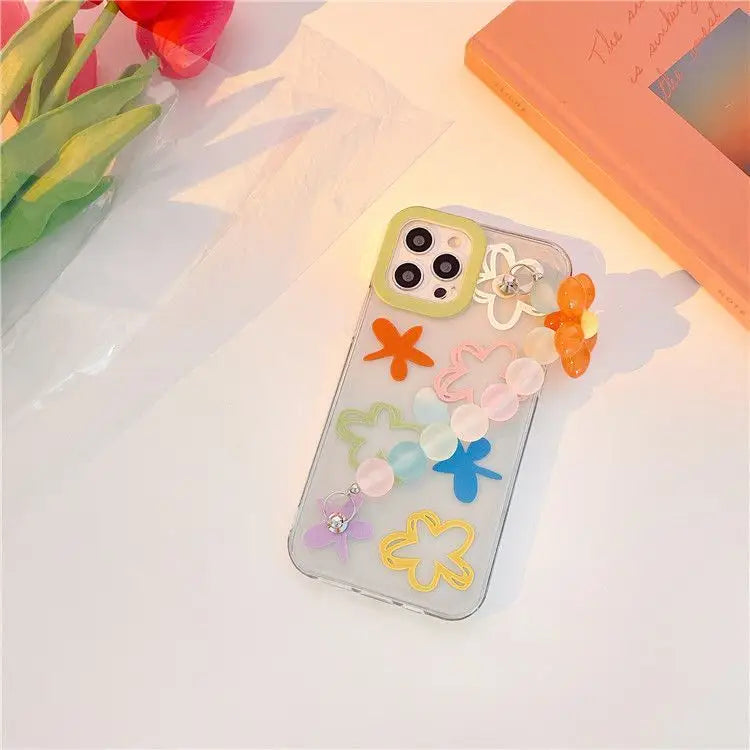 Flower Print Chain Hand Strap Phone Case - iPhone 13 Pro Max / 13 Pro / 13 / 12 Pro Max / 12 Pro / 12 / 11 Pro Max / 11 Pro / 11 / XS Max / XR / XS / X / 8 Plus / 7 Plus / 8 / 7 / SE 2-13