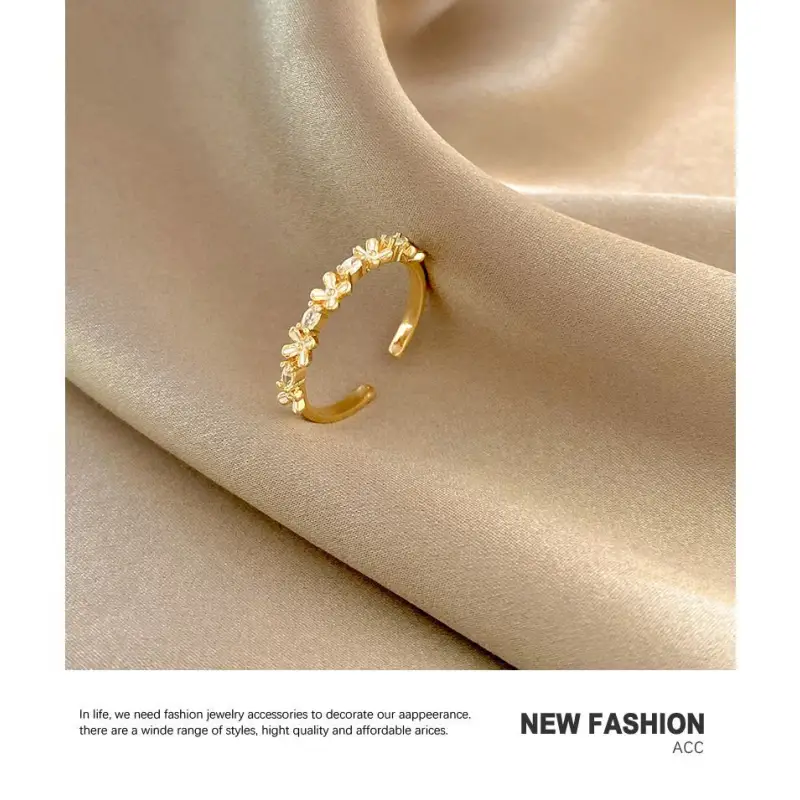 Flower Rhinestone Alloy Open Ring Wd45 - Gold / One Size -