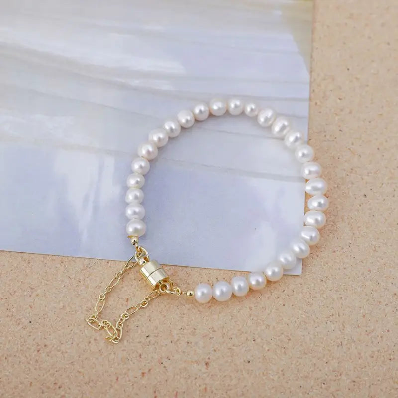 Freshwater Pearl Alloy Bracelet TY64 - White & Gold / One