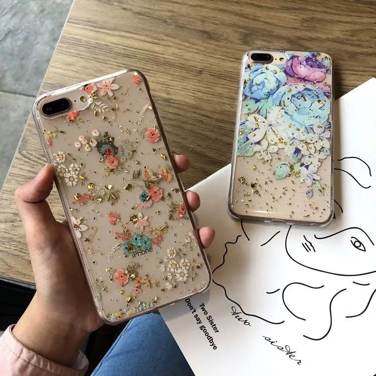 Glittered Flower Print Phone Case - Apple / Oppo / Vivo /