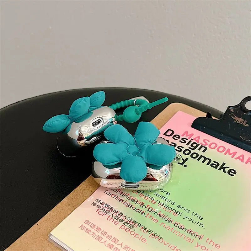 Green Padded Flower Airpods Earphone Case Cover-3