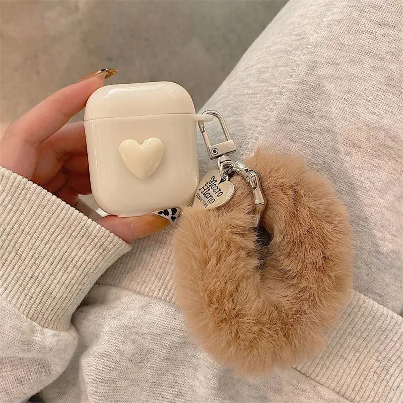 Heart Airpods Earphone Case Skin With Faux Fur Bracelet-2