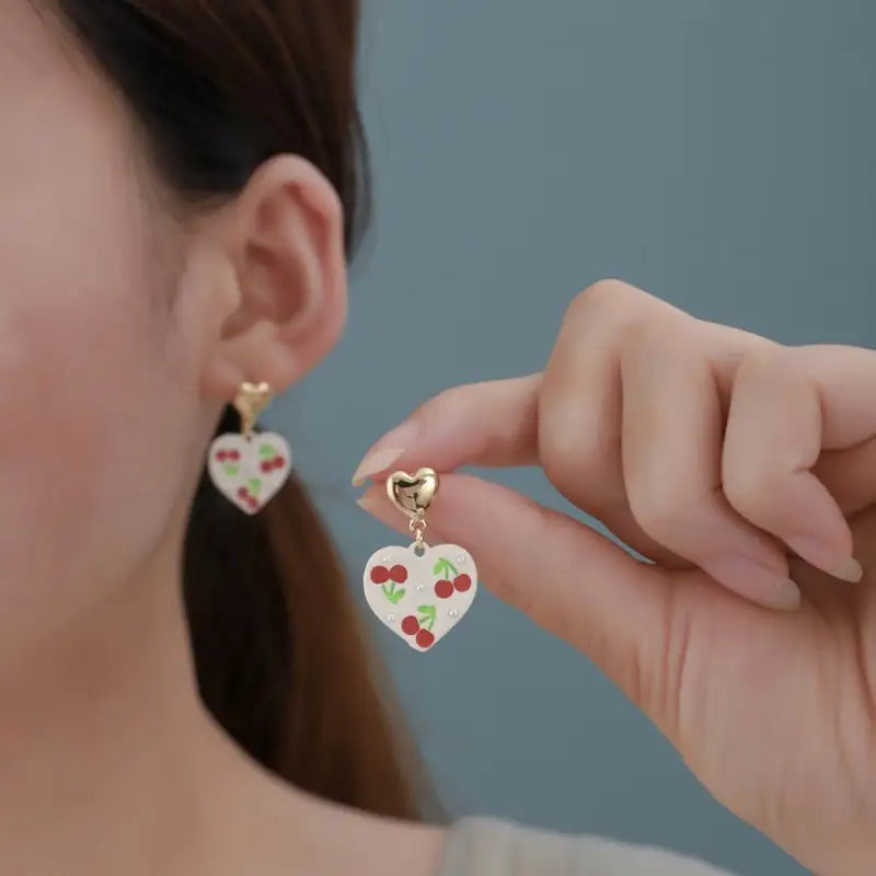 Heart Cherry Alloy Dangle Earring W322 - Gold & White / One