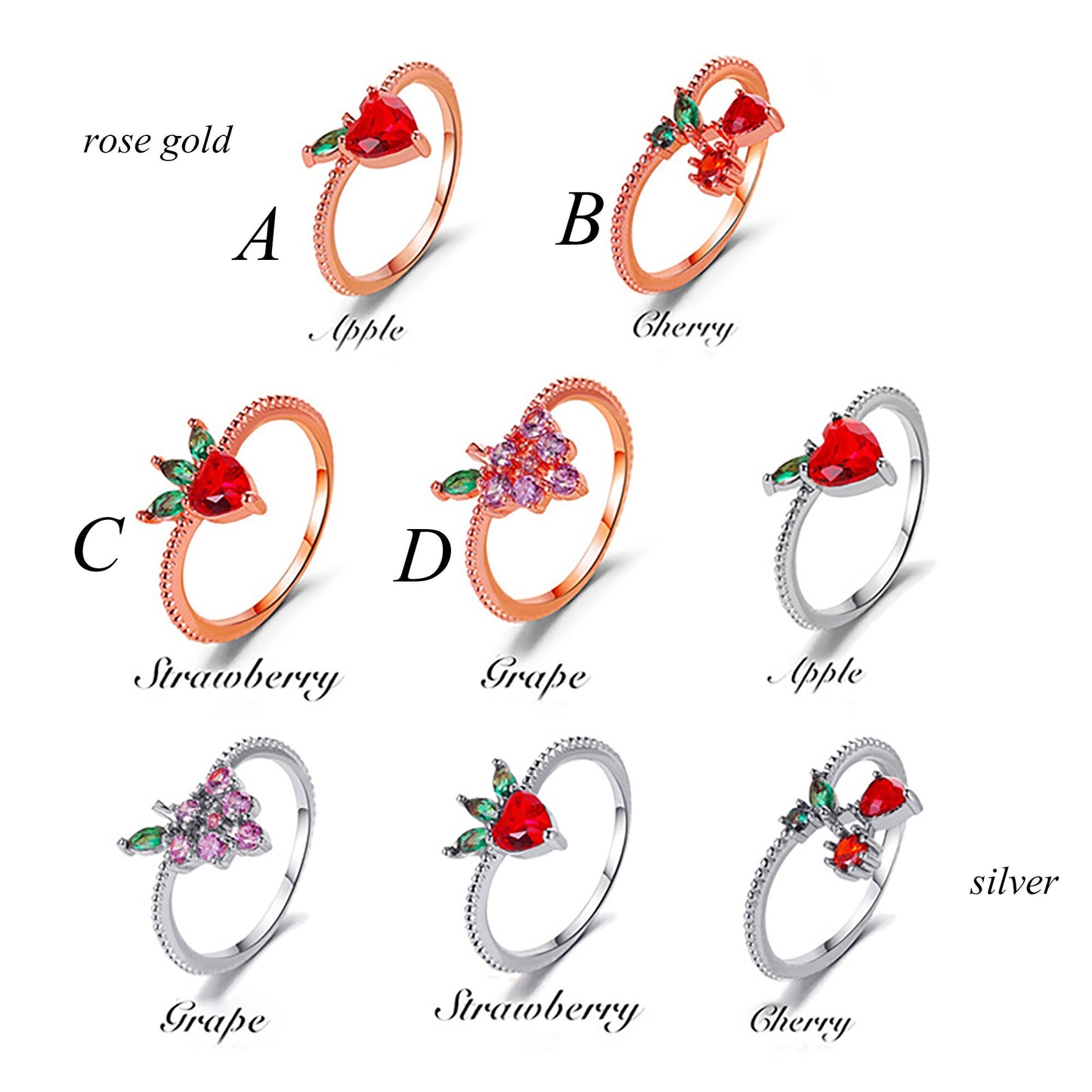 Lovely Colored Zircon Fruit Ring, Strawberry Cherry Apple Grape Ring, Rose Gold and Silver Fruit Ring, Dainty Zircon Jewelry for Women Girl Wonderland Case