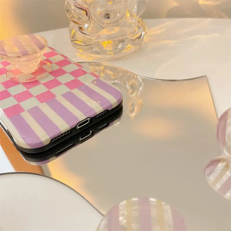 Pink White Grid Printing With Holder iPhone Case BP315 -
