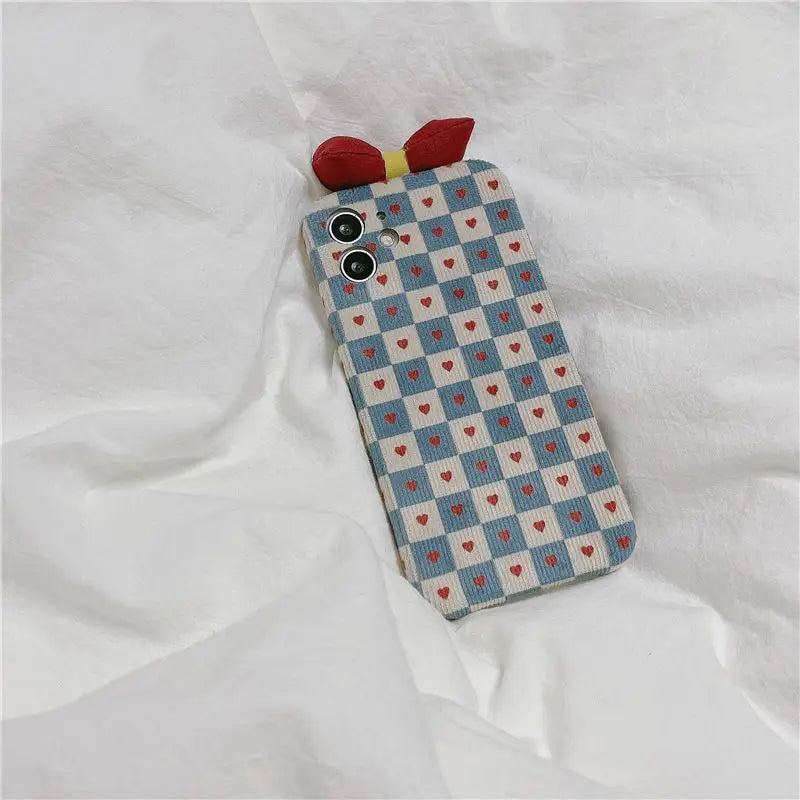 Plaid Heart Print Bow Phone Case - iPhone 13 Pro Max / 13 Pro / 13 / 12 Pro Max / 12 Pro / 12 / 11 Pro Max / 11 Pro / 11 / XS Max / XR / XS / X / 8 Plus / 7 Plus-13
