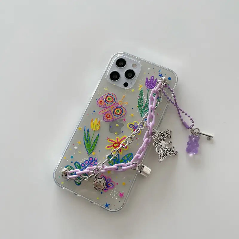 Purple/Silvery Chain With Butterfly Pendant iPhone Case