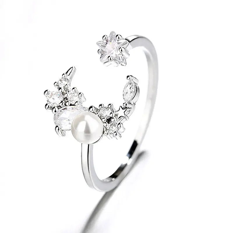 Reach For The Moon Ring LIN07 - Star Moon Pearl Ring