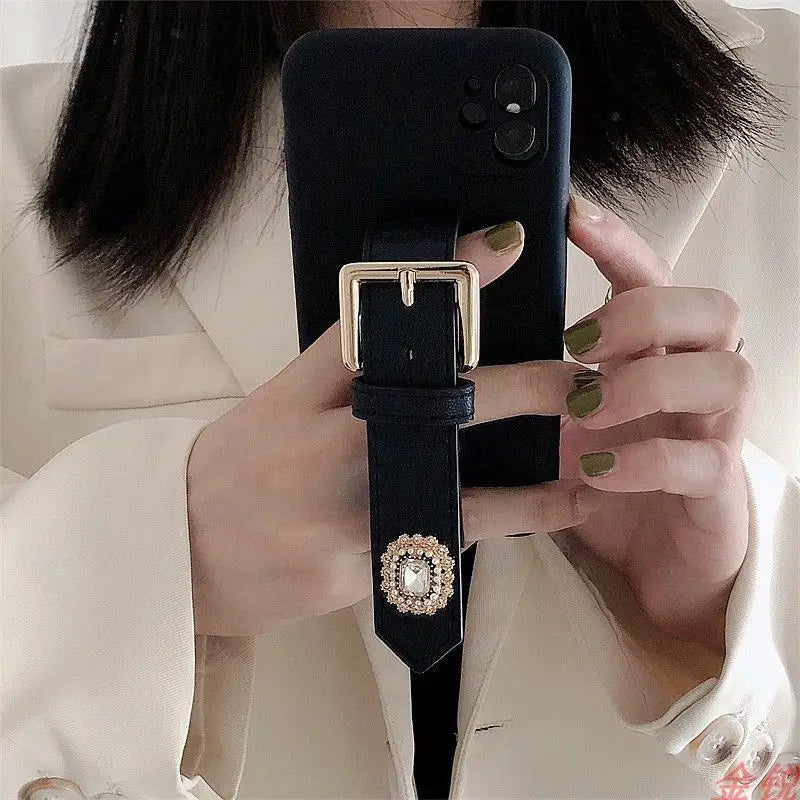 Rhinestone Faux Leather Hand Strap Phone Case - Samsung-21