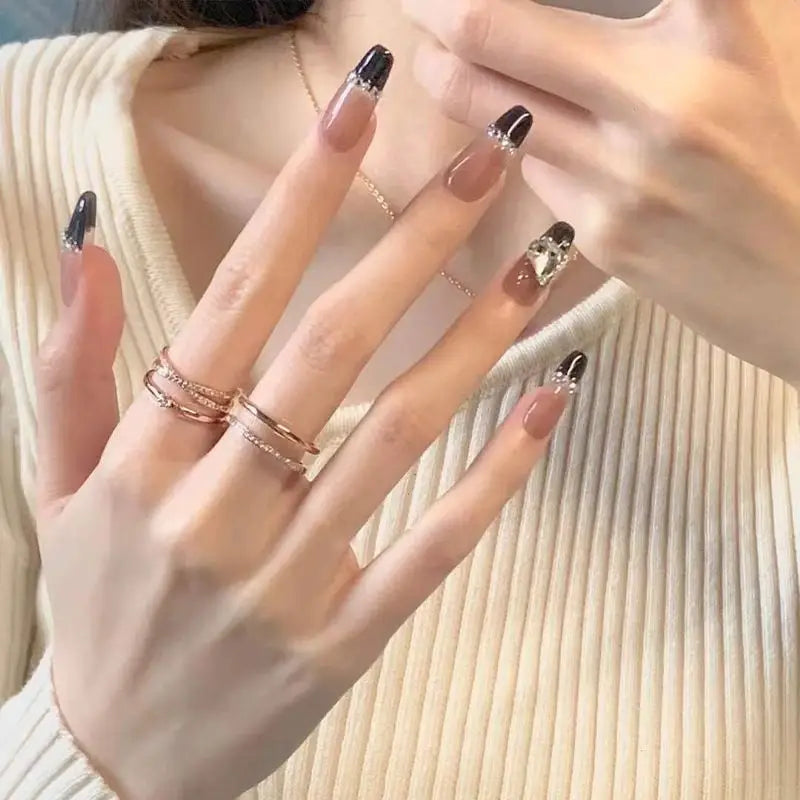 Rhinestone Faux Nail Tips N23 - Black & Nude / One Size -