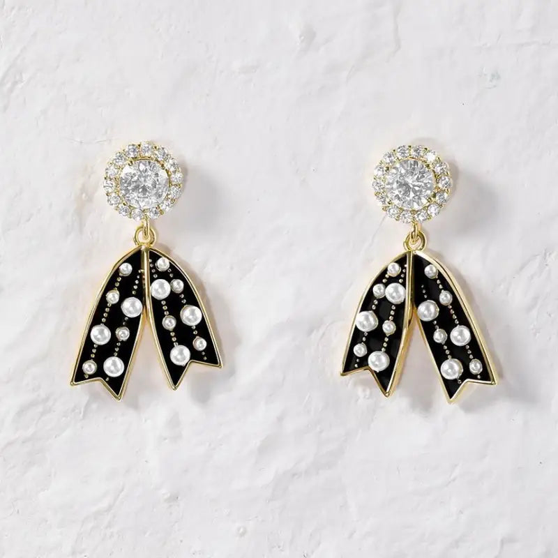Rhinestone Faux Pearl Bow Alloy Dangle Earring Wd61 - Gold /