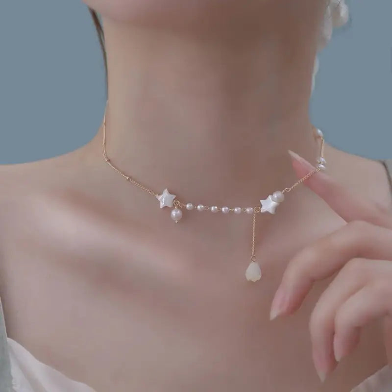 Star Faux Pearl Pendant Alloy Choker TY94 - White & Gold /