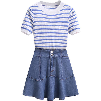 Blue Stripe Knitted T-Shirt High Waist Denim Skirt