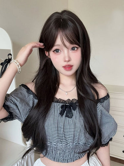 Wig Tea Length Bangs With Curtain 73CM Black Wavy
