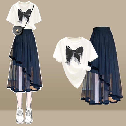 Cartoon Bow Print T-Shirt Irregular Tulle SKirt Set