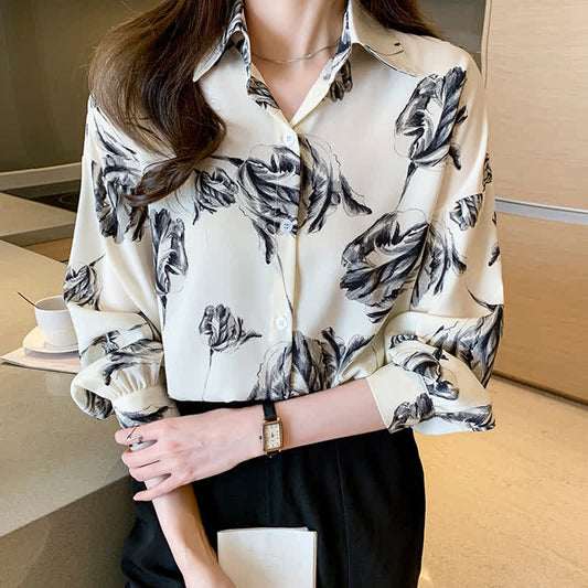 Ink Painting Blossom Print Lapel Shirt