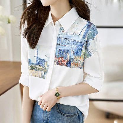 Vintage Painting Blue House Shirt