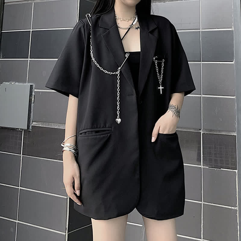 Gothic Pure Color Lapel Blazer Wide Leg Chain Cargo Shorts