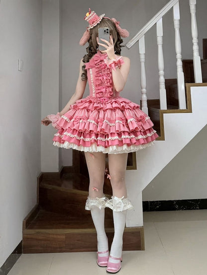 Neck Rose Skirt Sweet Ruffle Idol Lolita Accents Halter Dress Pink Bow Tiered