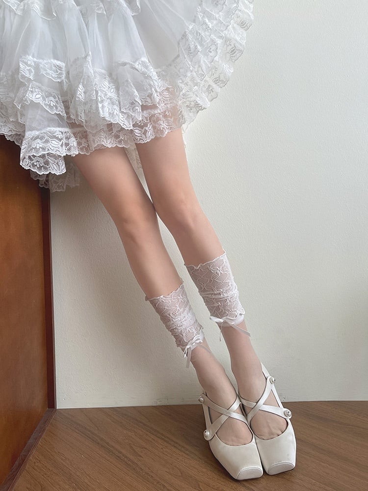 Semi-sheer Socks Ruffled White Lace Calf