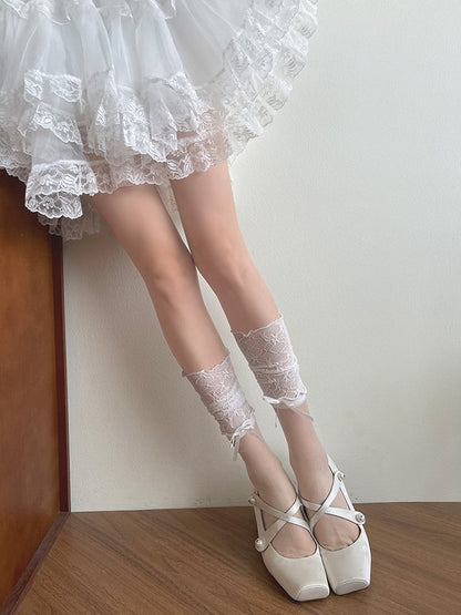 Semi-sheer Socks Ruffled White Lace Calf