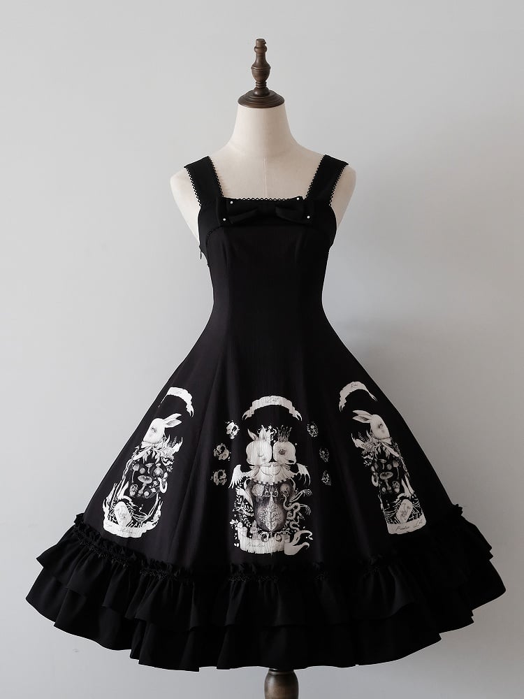 Bunny Gothic Dress Print Slim Fit Dark Waist Black Lolita