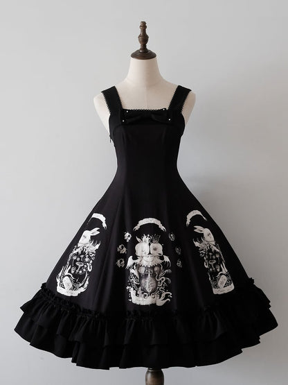 Bunny Gothic Dress Print Slim Fit Dark Waist Black Lolita