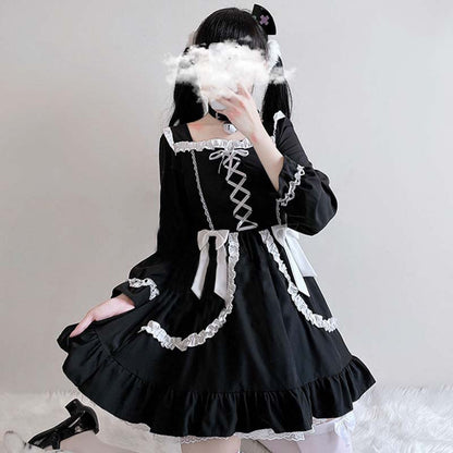 Black Lace Up Lolita Bow-Knot Maid Dress