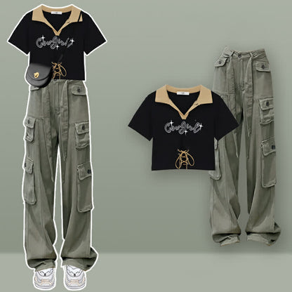 Letter Print Crop Top T-Shirt Cargo Pants Set