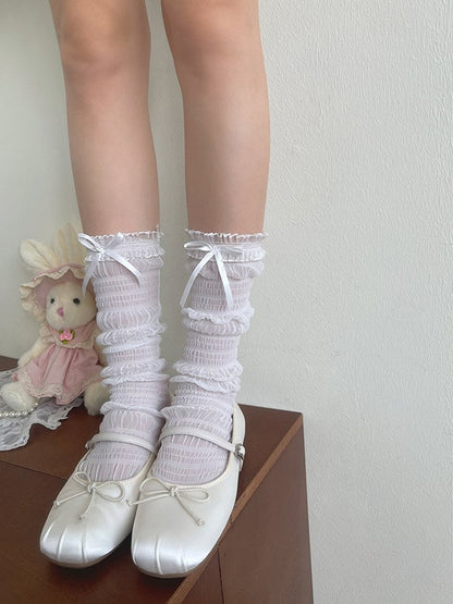Tulle Socks Lace Details Bowknot Ruffled White/Black