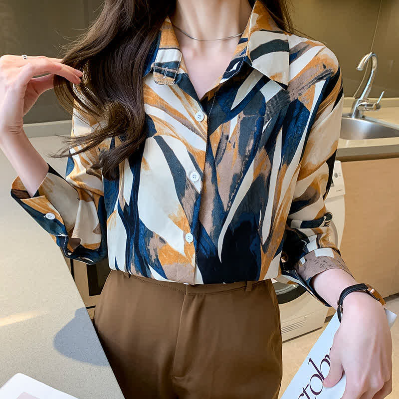 Elegant Colorblock Lapel Long Sleeve Chiffon Shirt