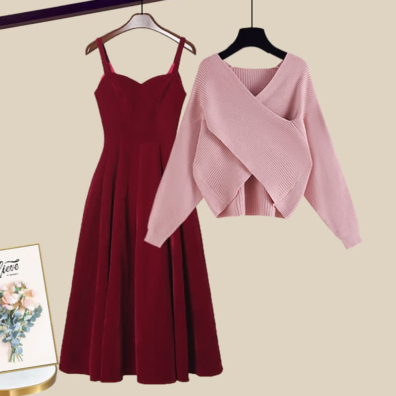 Elegant Fashion Cross Knit Sweater A-line Slip Dress