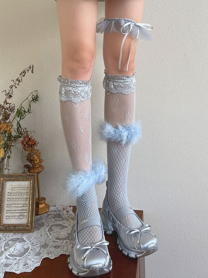 Blue Feather Loop Lace Overknee Leg With Cuffs Stockings