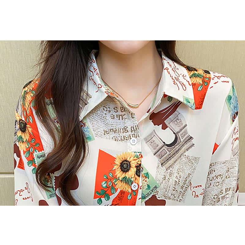 Chic Floral Letter Print Chiffon Shirt Workwear