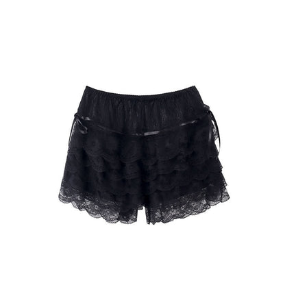 Sweet White Lace-up Layered Lace Trim Undershorts