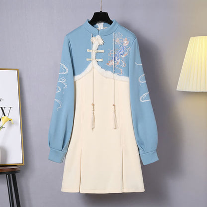 Vintage Flowers Embroidery Colorblock Plush Hooded Dress