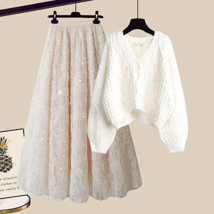 Chic Cable Knit Sweater Flower Pattern Tulle Skirt