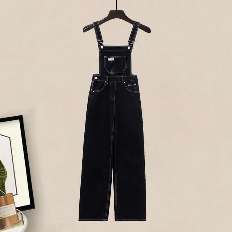 Pocket Lapel Tie T-Shirt Denim Overalls Set