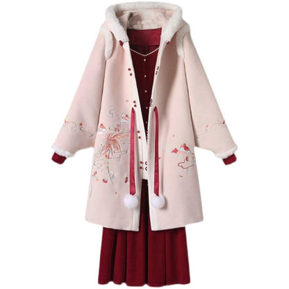 Charming Floral Embroidery Hooded Coat Dress Set