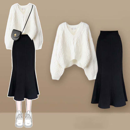 Chic V-neck Cross Knit Sweater Fishtail Skirt