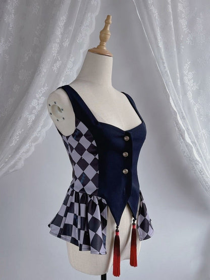 Dark Blue Checkerboard Pattern Waistcoat