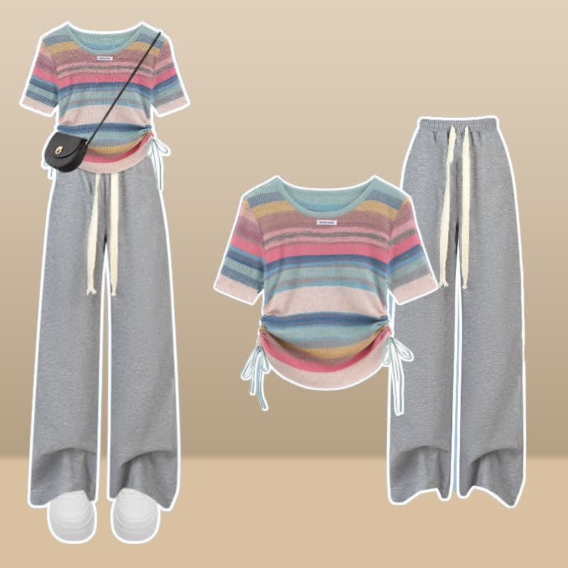 Rainbow Stripe T-Shirt Casual Draw String Shorts Pants modakawa